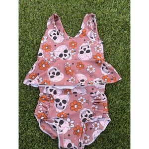 Boutique Two Piece Swimsuit Kids Size 4 Pink Skull Floral Peplum‎ Set